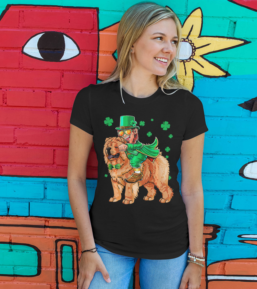 Leprechaun Riding Chow Chow With Shamrocks St. Patrick's Day T-Shirt