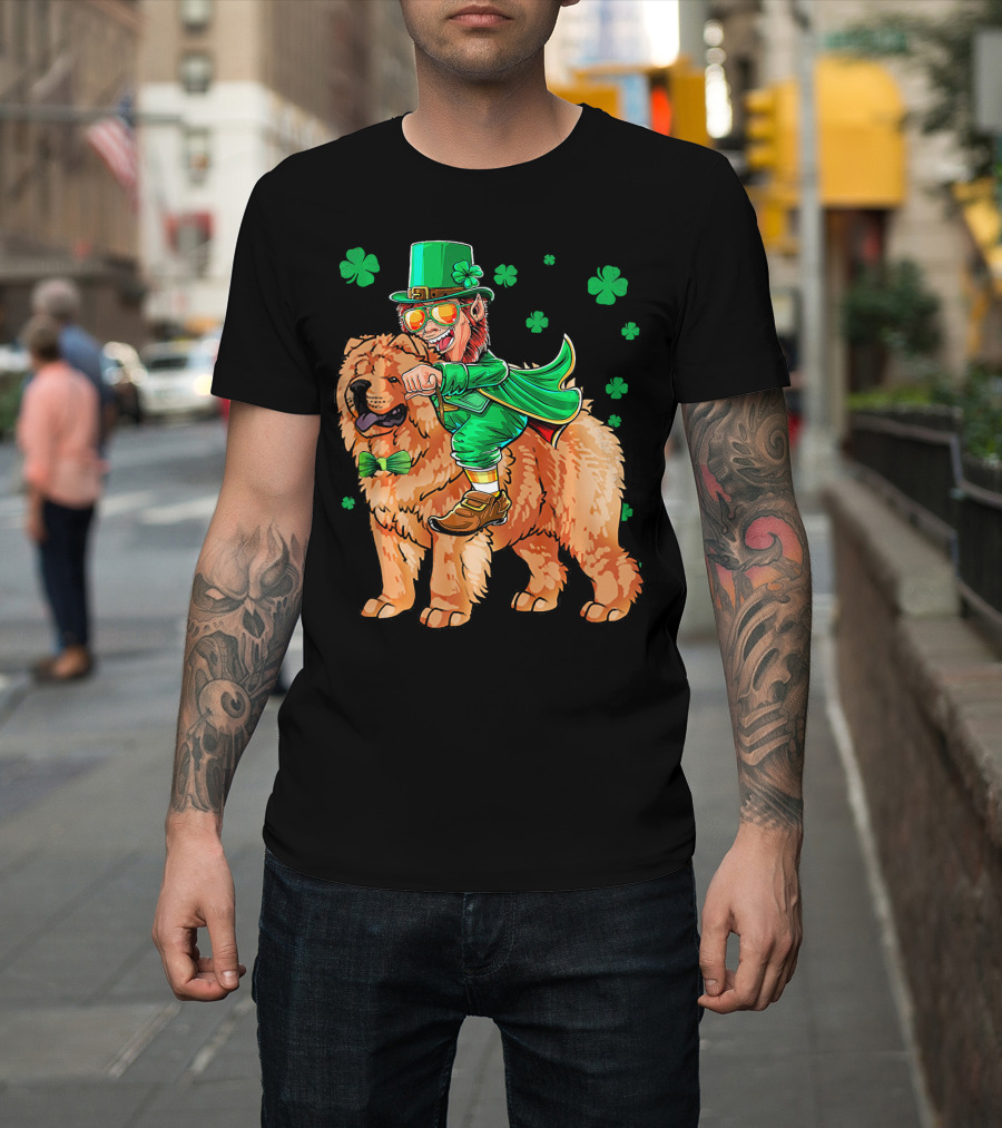 Leprechaun Riding Chow Chow With Shamrocks St. Patrick's Day T-Shirt
