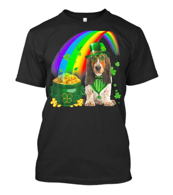 Basset Hound With Leprechaun Hat Rainbow And Pot Of Gold T-Shirt