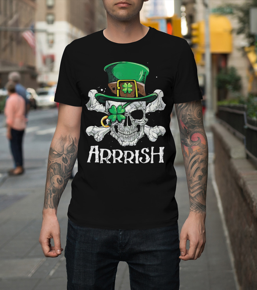 Arrrish Leprechaun Pirate Skull With Green Hat And Clover Eyepatch T-Shirt