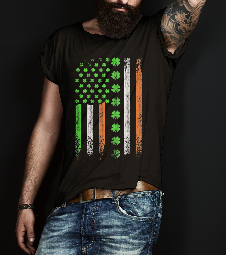 St Patricks Day US Flag With Shamrocks And Irish Colors T-Shirt