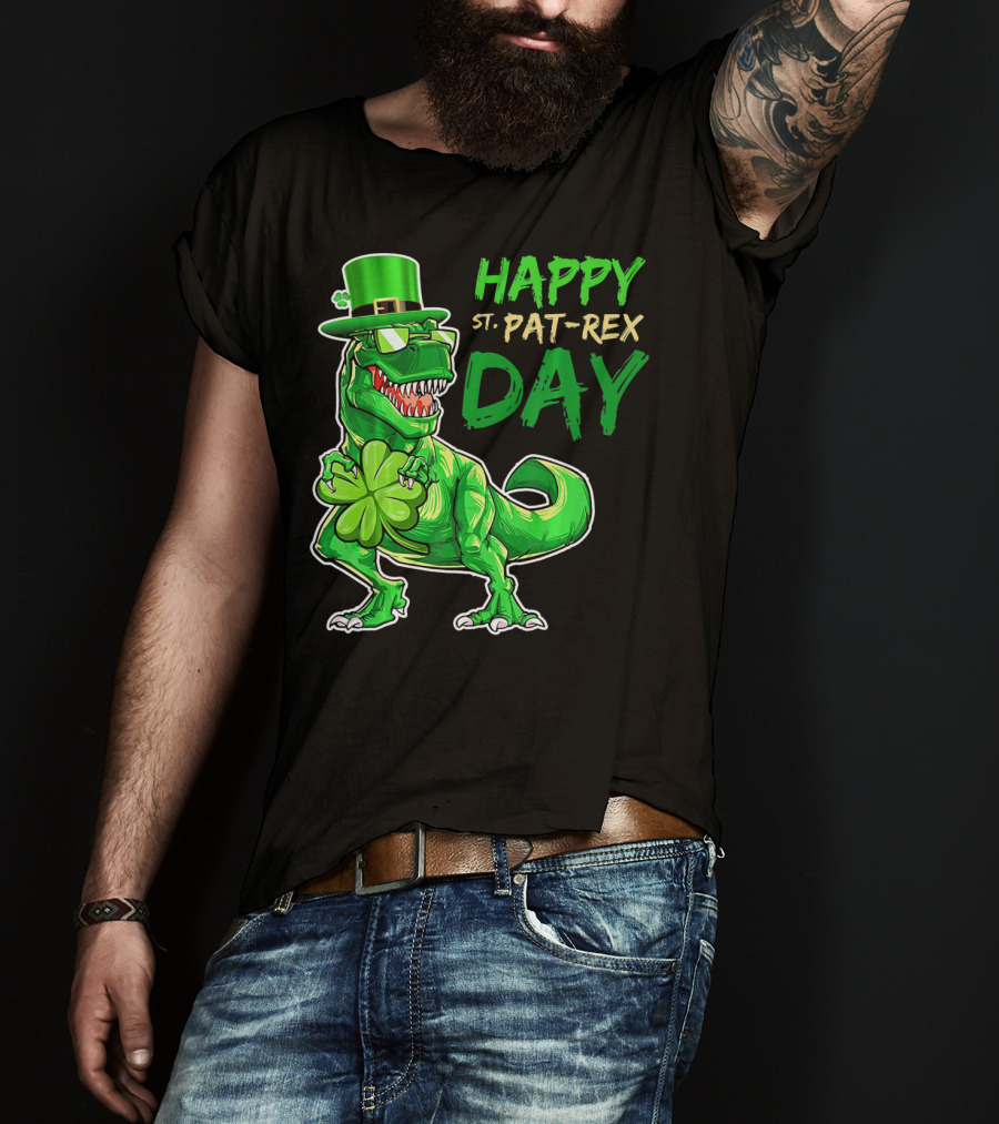 Happy St Pat Rex Day Saint Patricks Day Dinosaur With Shamrock And Green Hat T-Shirt