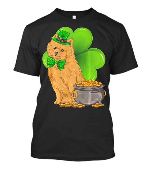 Pomeranian St Patricks Day Leprechaun Dog With Pot Of Gold And Clover T-Shirt