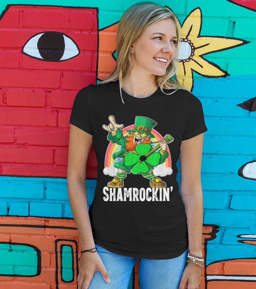 Shamrockin' Leprechaun Rainbow Guitar T-Shirt