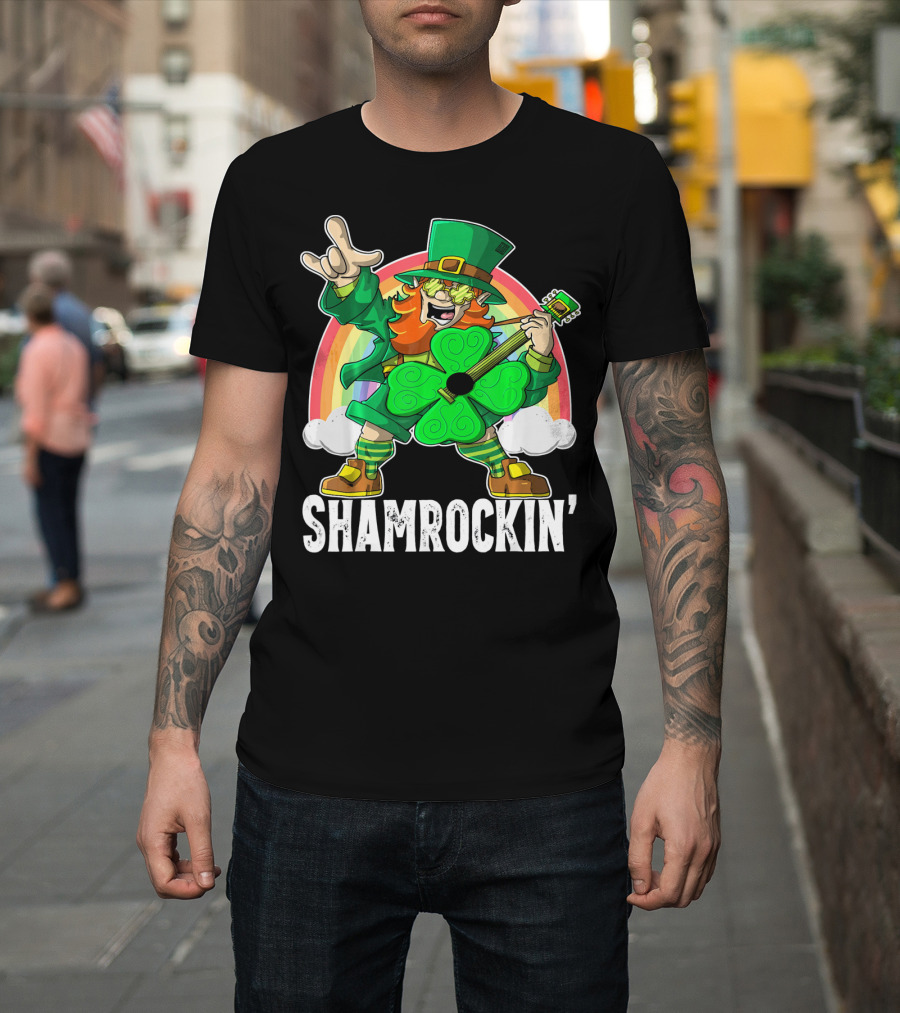 Shamrockin' Leprechaun Rainbow Guitar T-Shirt