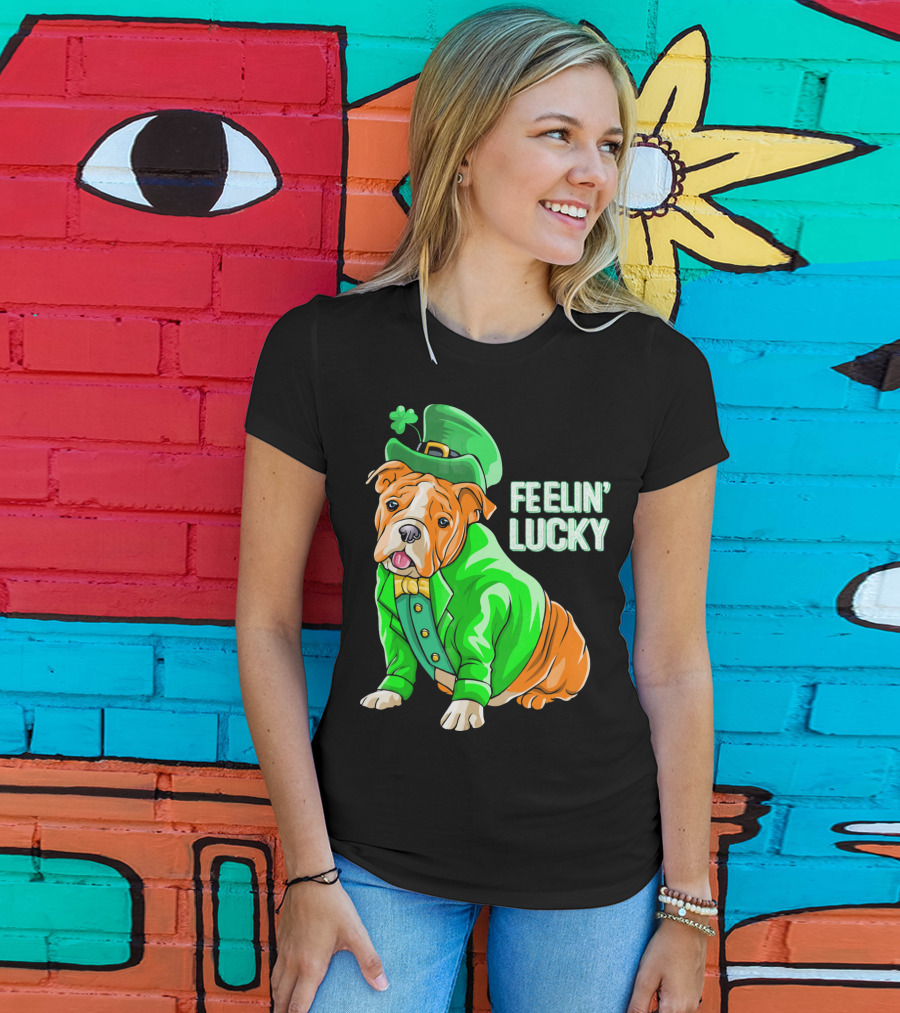 Feelin' Lucky Bulldog In Green Leprechaun T-Shirt