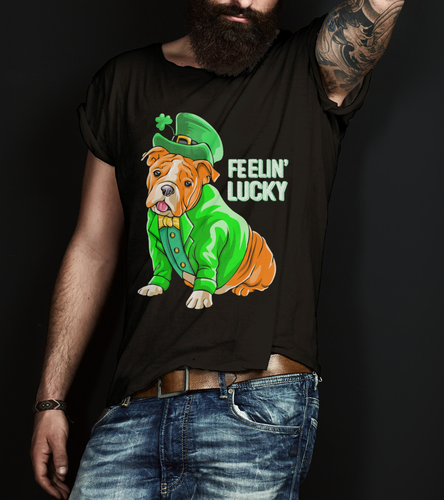 Feelin' Lucky Bulldog In Green Leprechaun T-Shirt