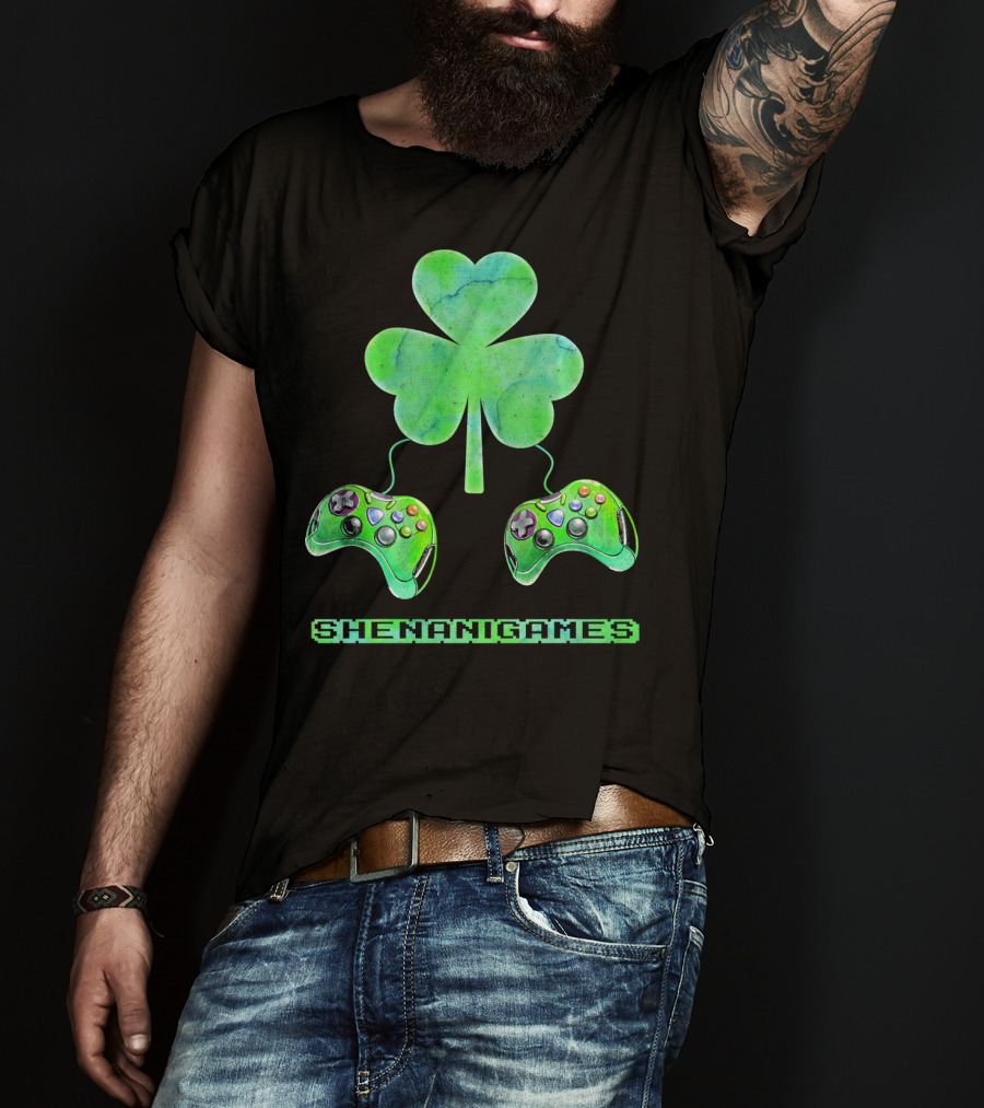 Shenanigames St Paddys Day Gamer Shamrock Controllers T-Shirt