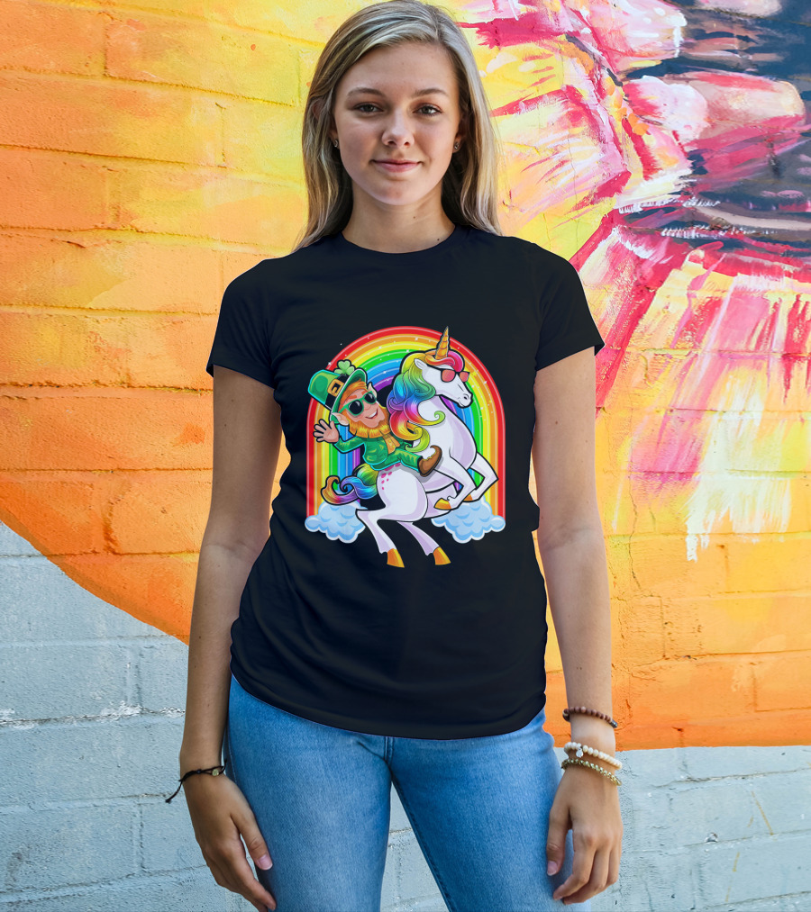St Patricks Day Rainbow Unicorn And Leprechaun Riding Clouds T-Shirt