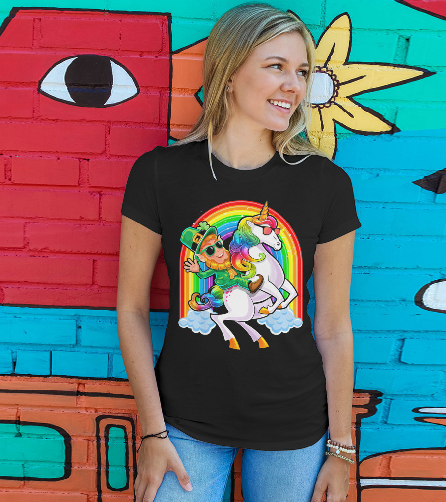 St Patricks Day Rainbow Unicorn And Leprechaun Riding Clouds T-Shirt