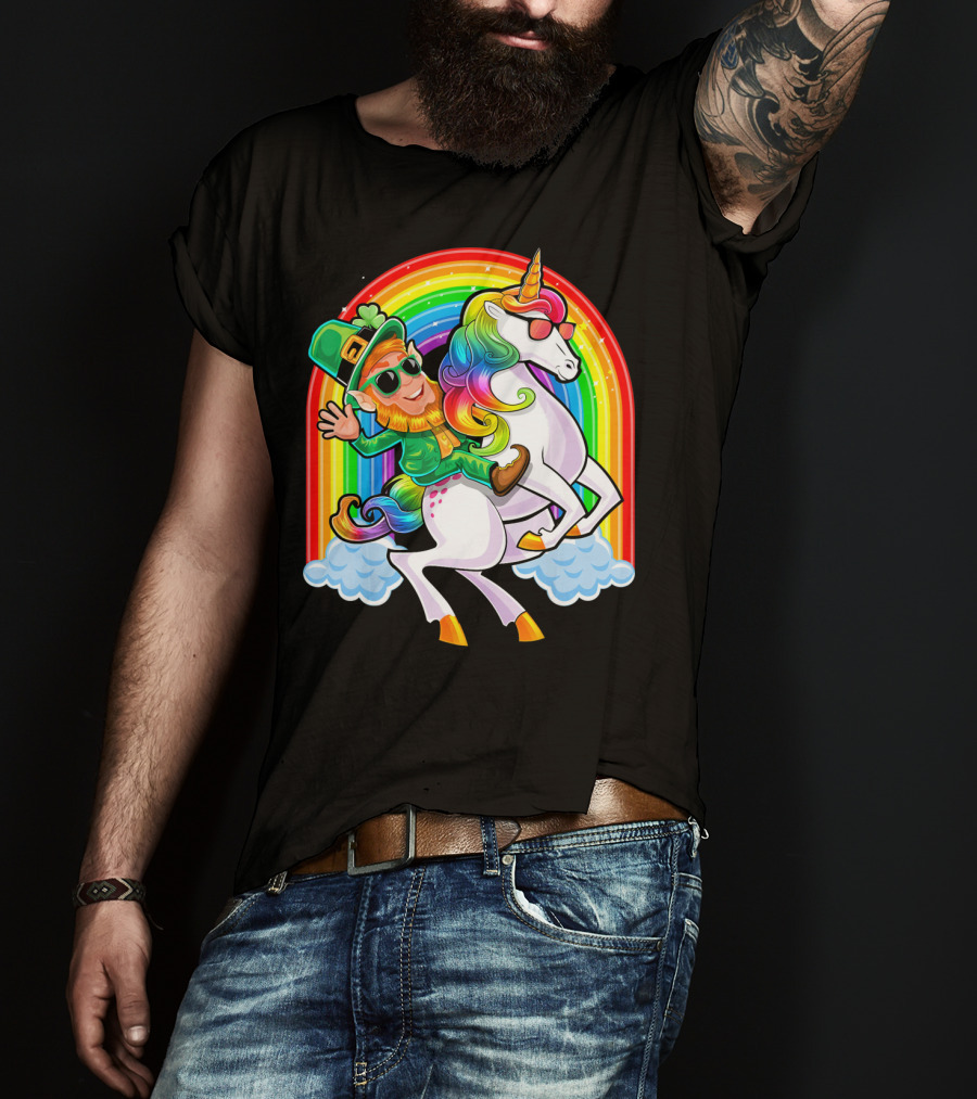 St Patricks Day Rainbow Unicorn And Leprechaun Riding Clouds T-Shirt