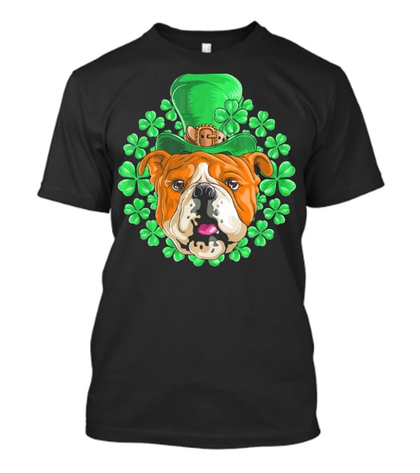 English Bulldog In Leprechaun Hat With Clover Background T-Shirt