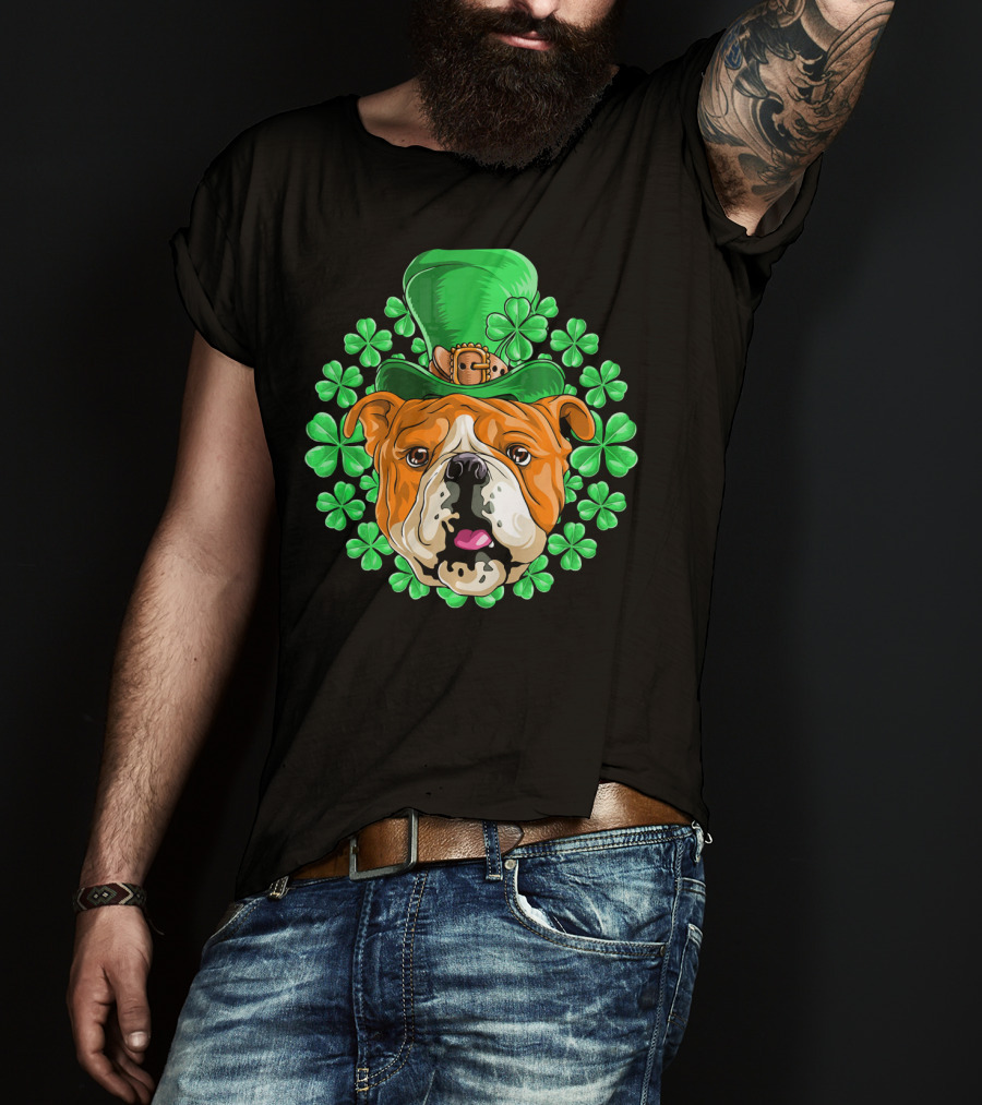 English Bulldog In Leprechaun Hat With Clover Background T-Shirt