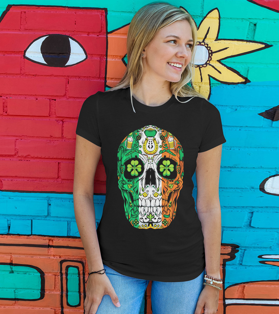 Sugar Skull Irish Leprechaun Shamrock St Patrick's Day T-Shirt