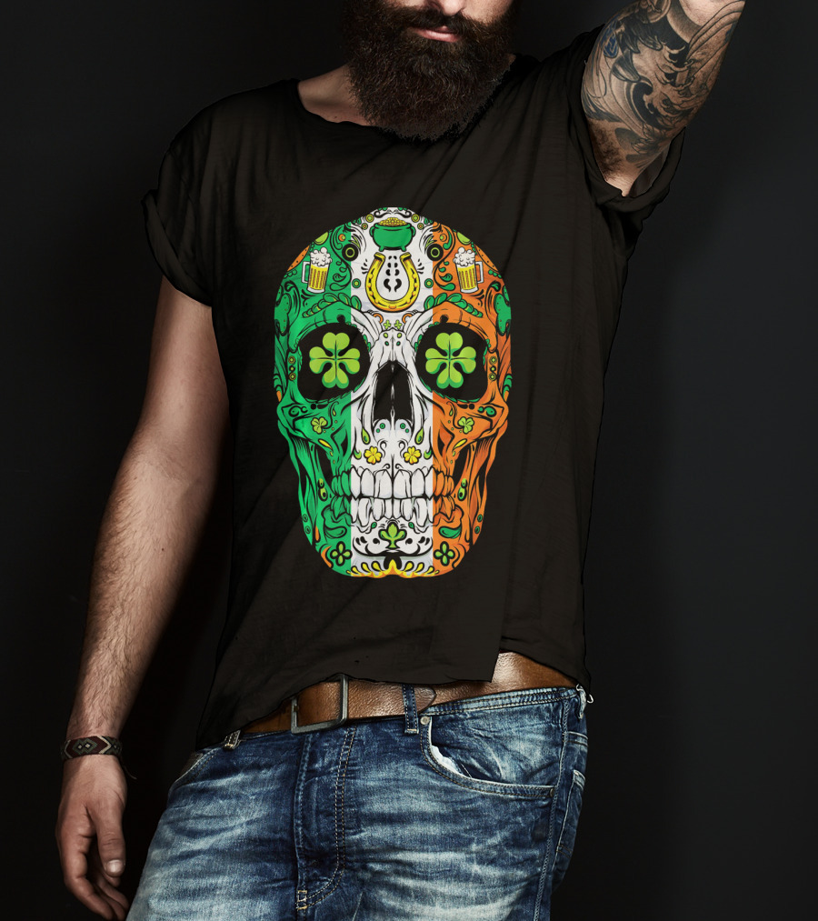Sugar Skull Irish Leprechaun Shamrock St Patrick's Day T-Shirt