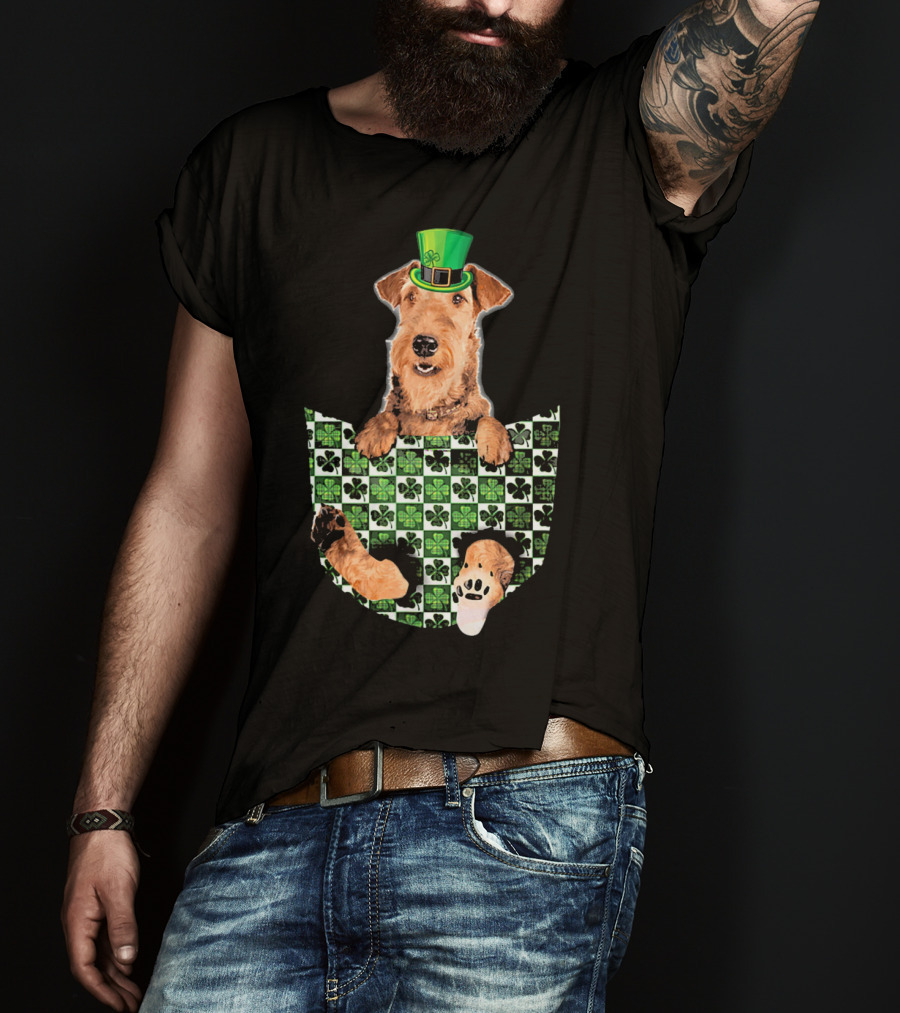 Airedale Terrier Pocket Patrick Hat Green Shamrocks T-Shirt