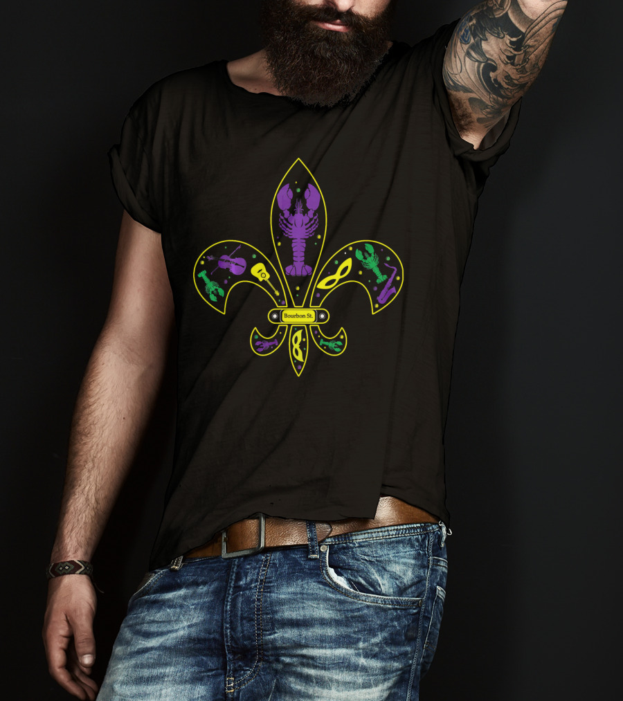 Mardi Gras Bourbon St Fleur-de-Lis Crawfish Violin Mask Skeleton T-Shirt