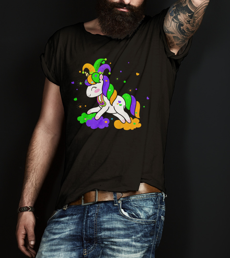 Unicorn Mardi Gras Party Rainbow Mask Beads T-Shirt