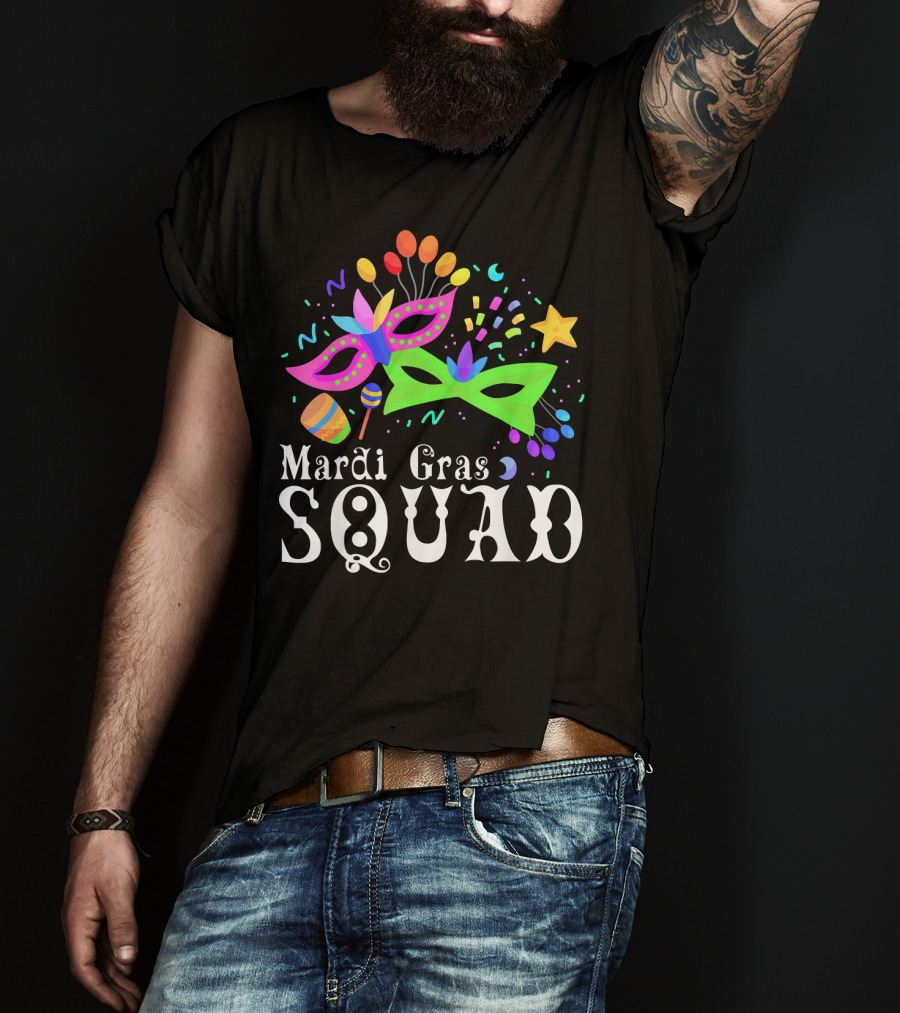 Mardi Gras Squad Mask Beads Confetti Celebration Fun T-Shirt