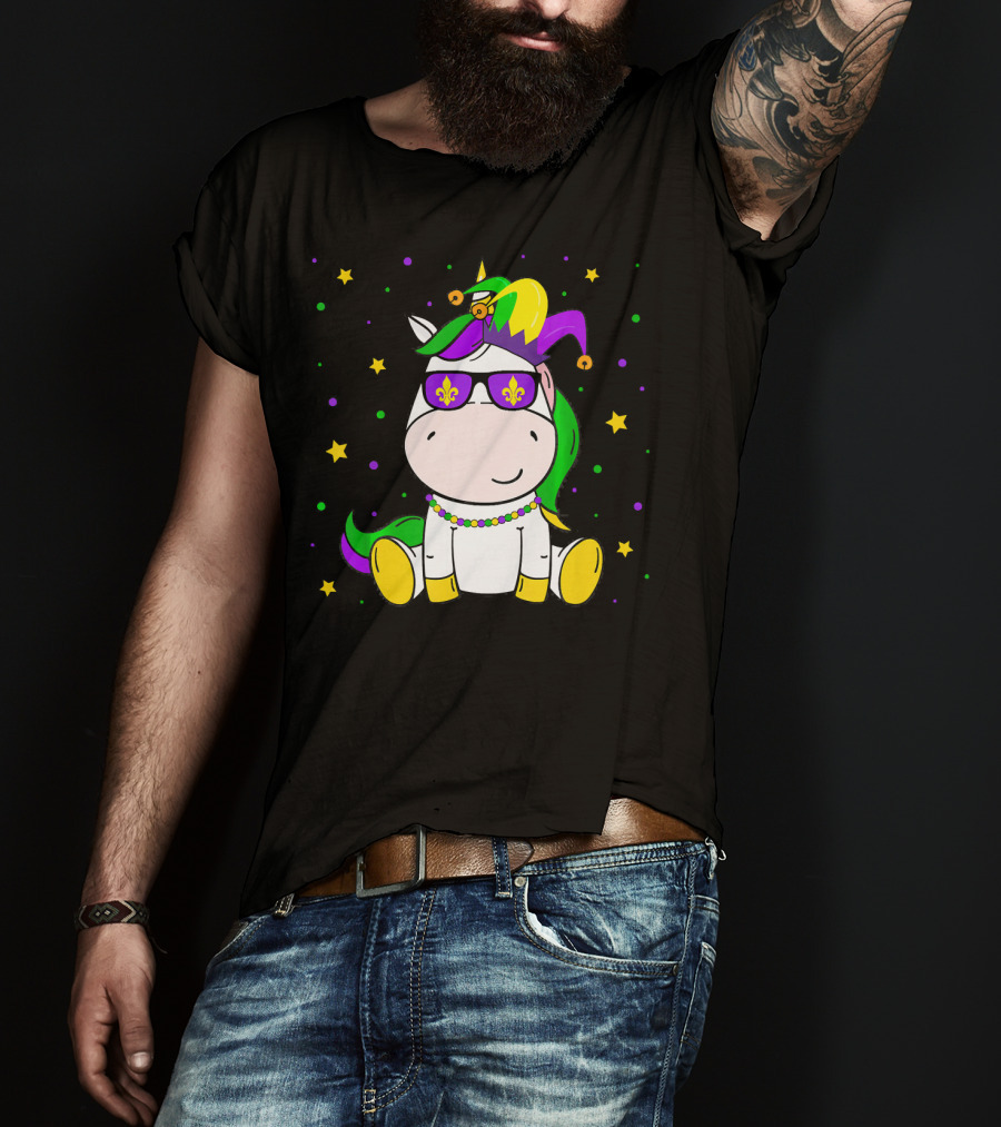 Mardi Gras Unicorn Kids Carnival Festival Jester Fleur-De-Lis Beads T-Shirt