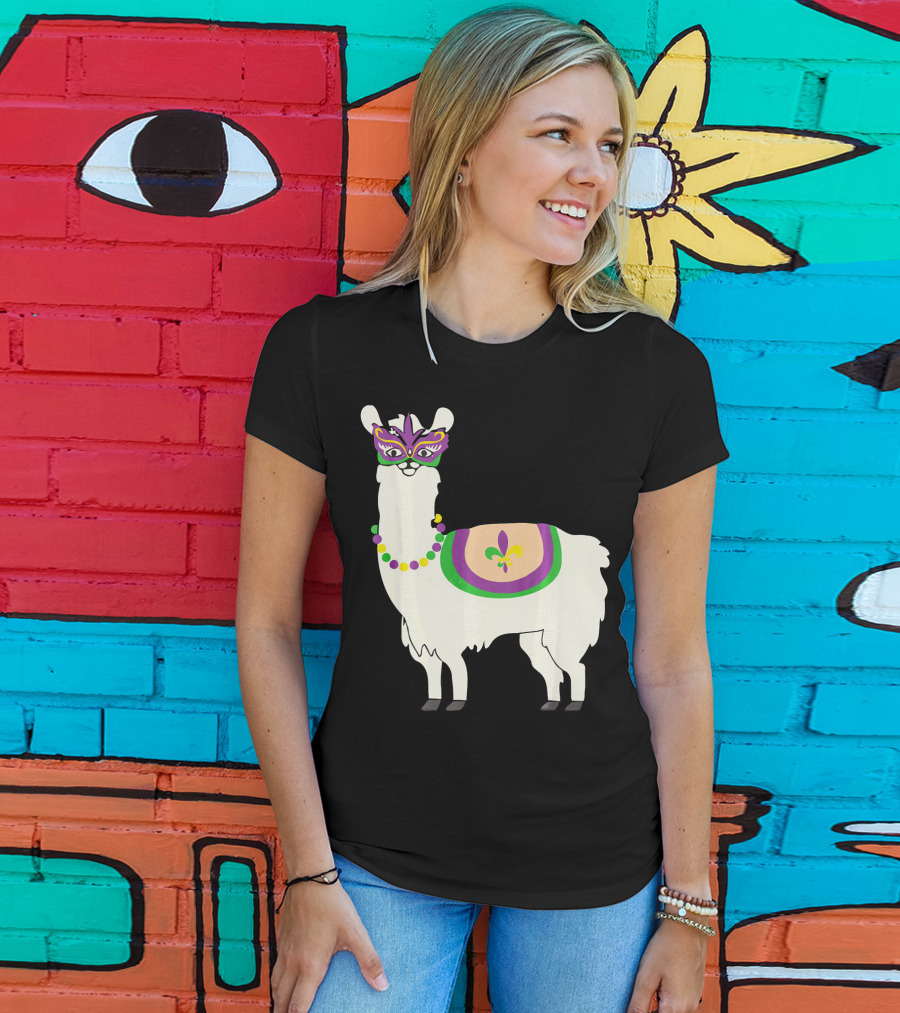 Mardi Gras Llama With Fleur-de-Lis Beads And Mask For Funny Carnival Party T-Shirt