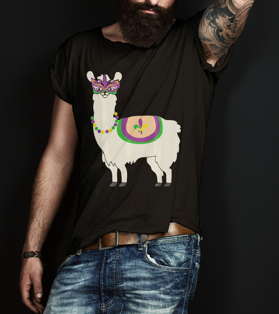 Mardi Gras Llama With Fleur-de-Lis Beads And Mask For Funny Carnival Party T-Shirt