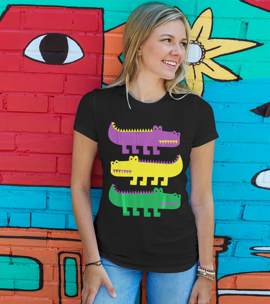 Mardi Gras Happy Alligator Crocodile Fun Purple Yellow Green Trio T-Shirt
