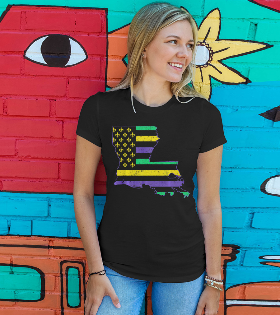 New Orleans Mardi Gras Louisiana Map Fleur-de-lis Flag T-Shirt