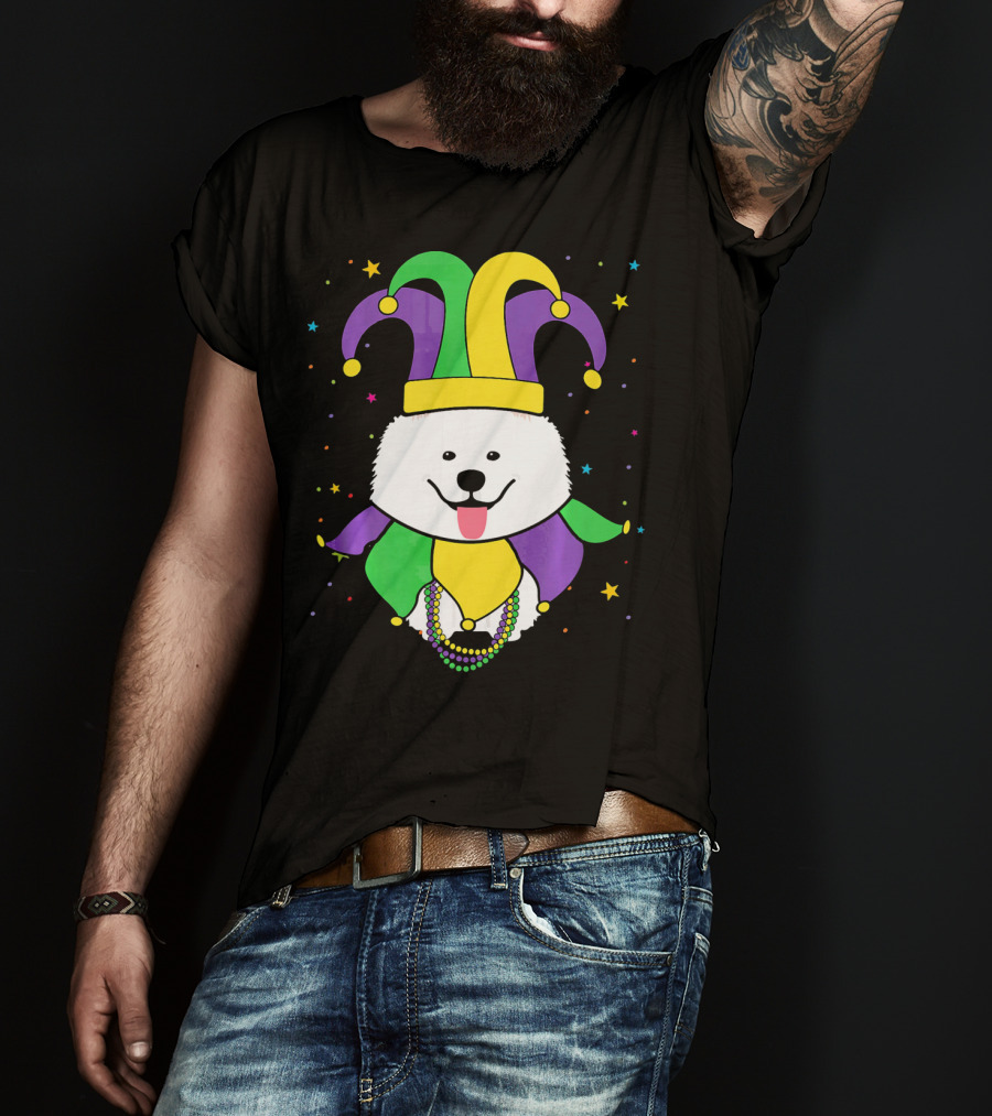 Funny Samoyed With Jester Hat And Mardi Gras Colors T-Shirt