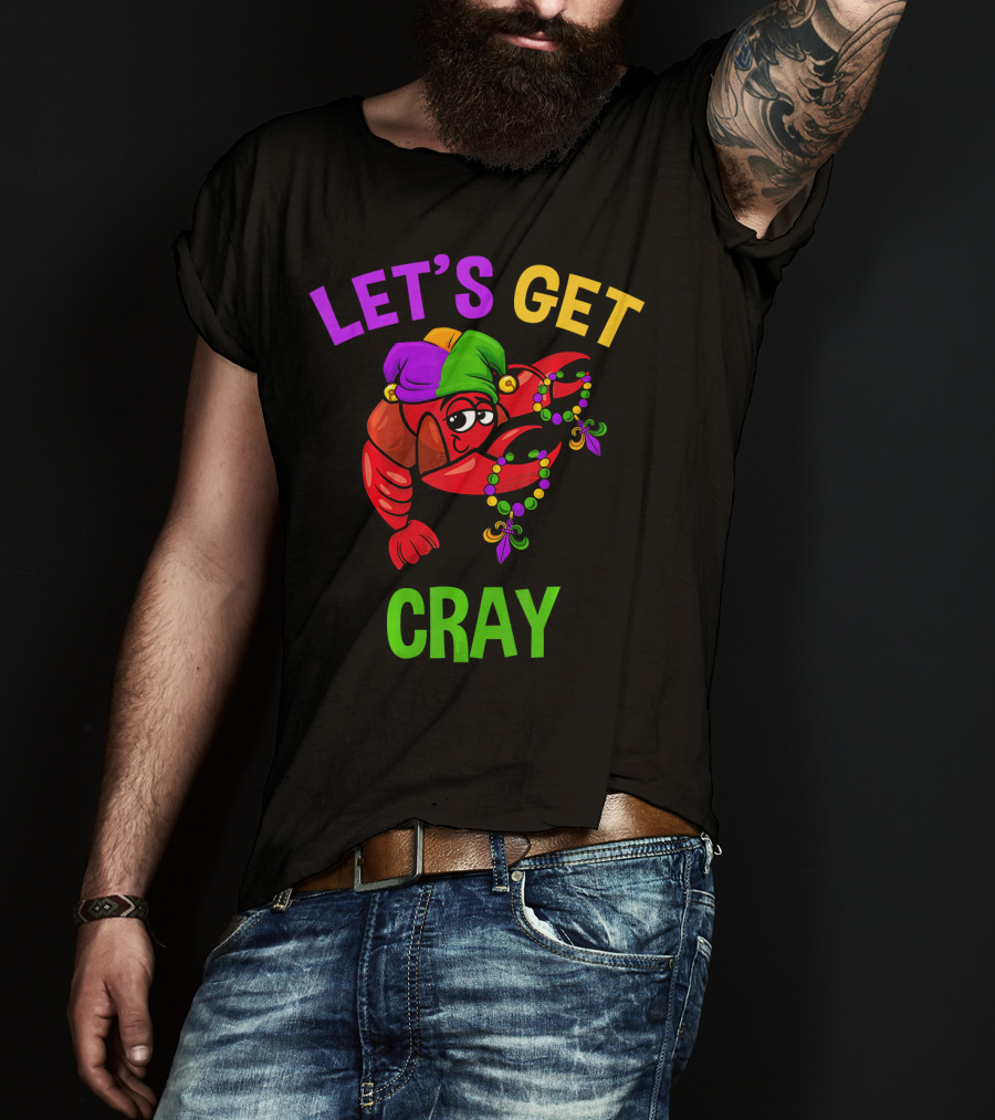 Let's Get Cray Funny Mardi Gras Crawfish With Beads And Jester Hat T-Shirt