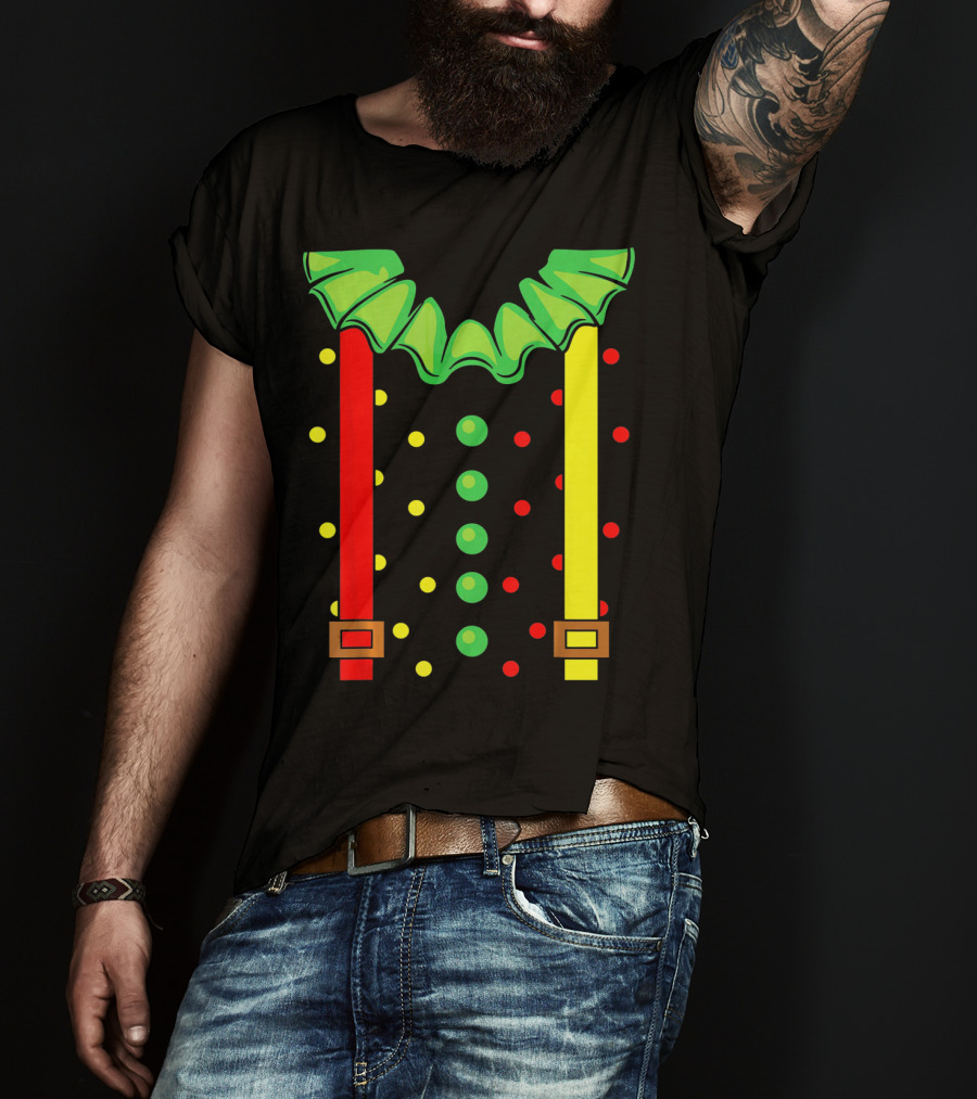 Funny Red And Yellow Suspenders With Green Jester Collar Clown T-Shirt