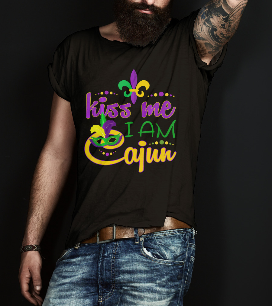 Kiss Me I Am Cajun Mardi Gras Mask Fleur De Lis T-Shirt