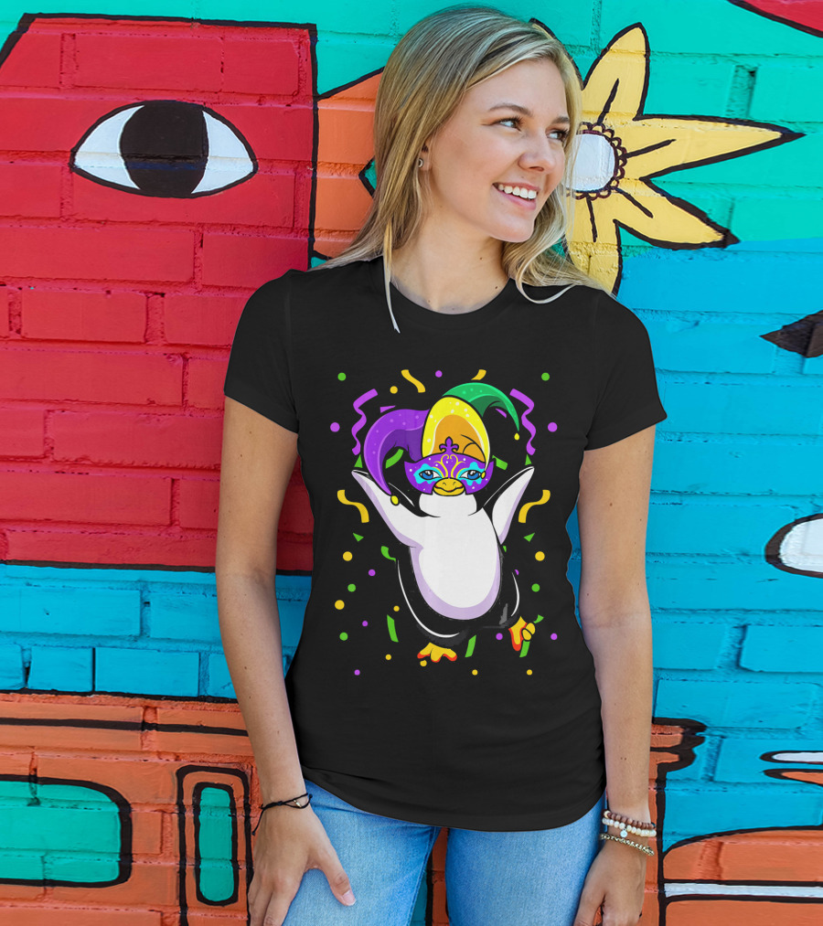 Mardi Gras Penguin With Colorful Jester Hat And Mask T-Shirt