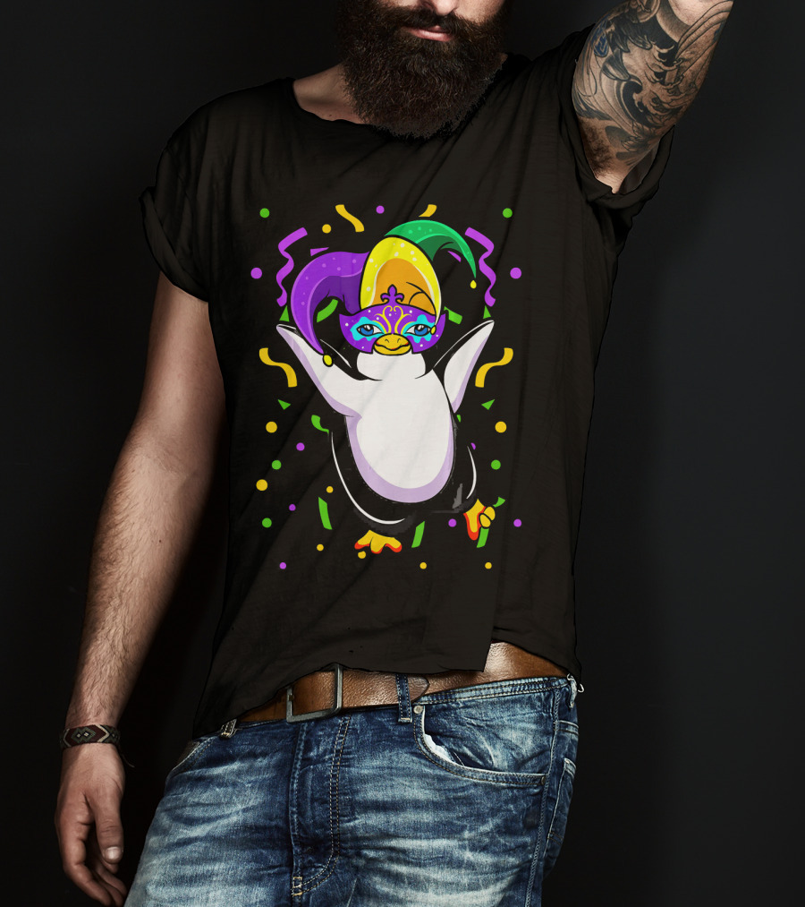 Mardi Gras Penguin With Colorful Jester Hat And Mask T-Shirt