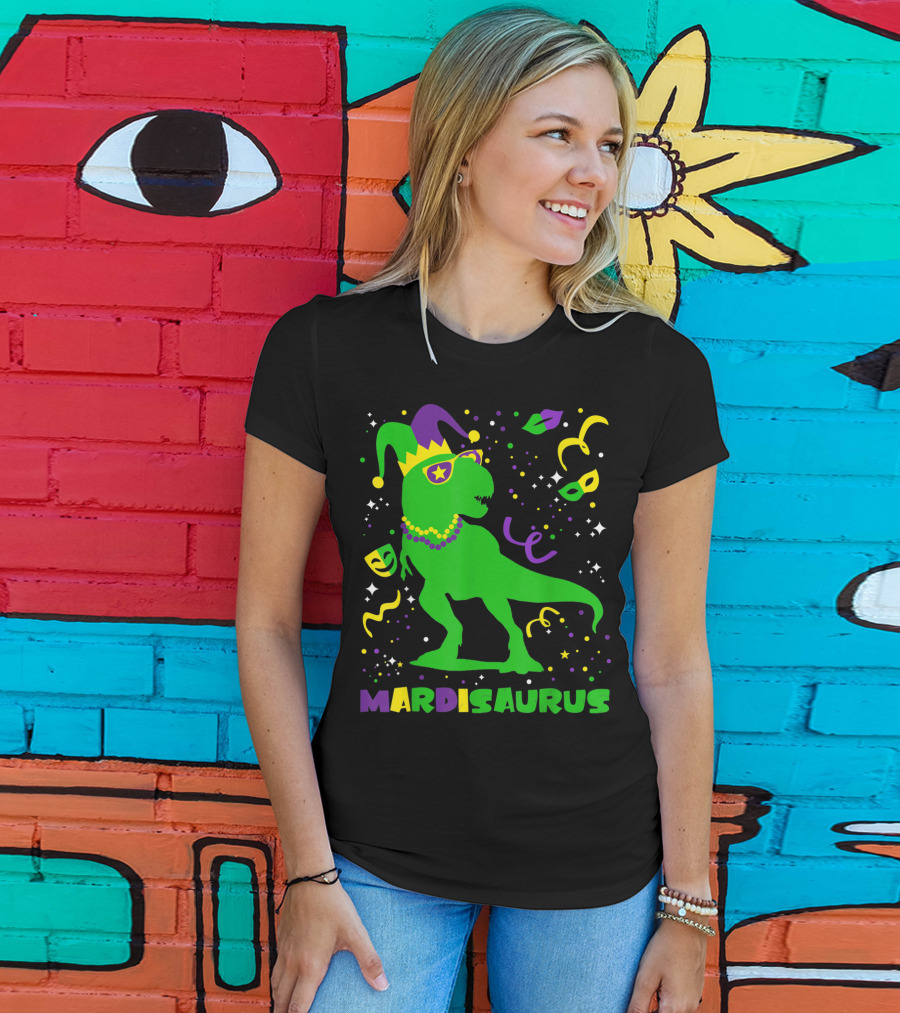 Mardi Gras Dinosaur Mardisaurus Jester Hat Beads Masks Party T-Shirt