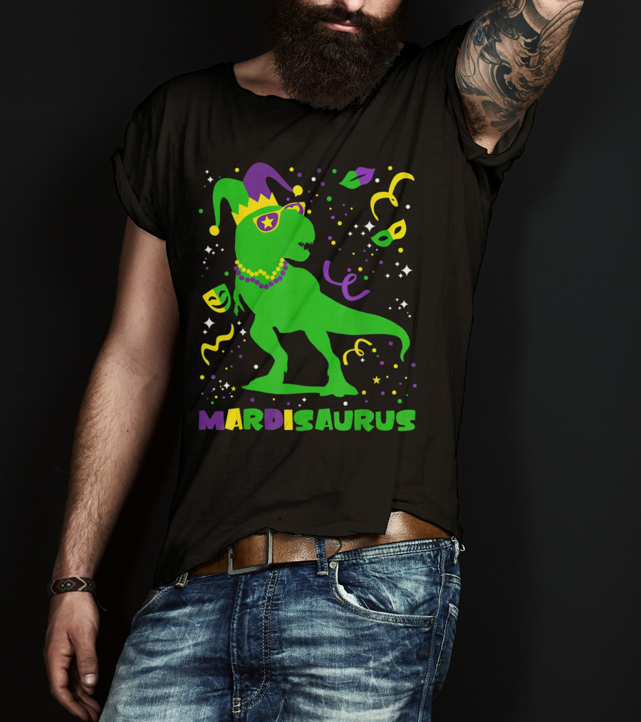 Mardi Gras Dinosaur Mardisaurus Jester Hat Beads Masks Party T-Shirt