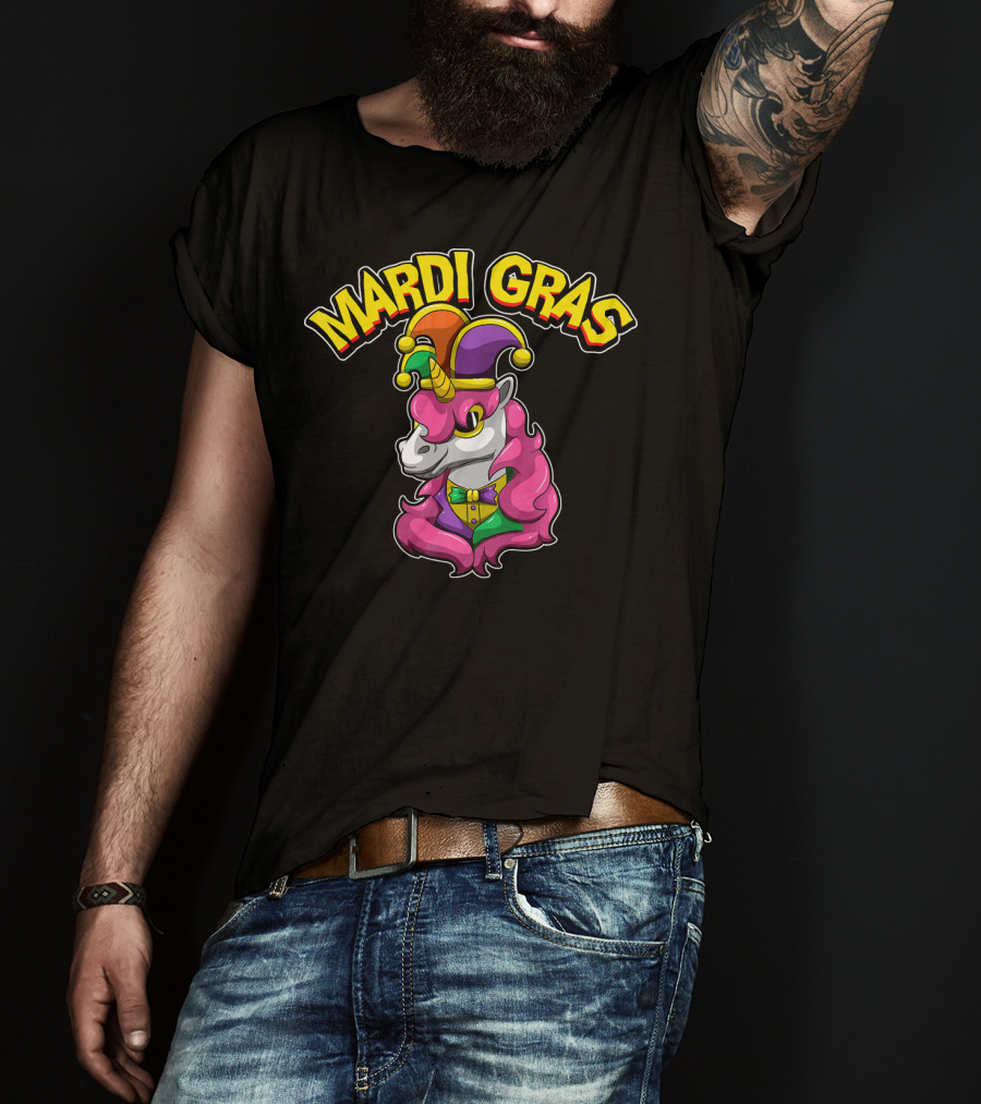 Mardi Gras Unicorn In Jester Hat With Colorful Costume T-Shirt