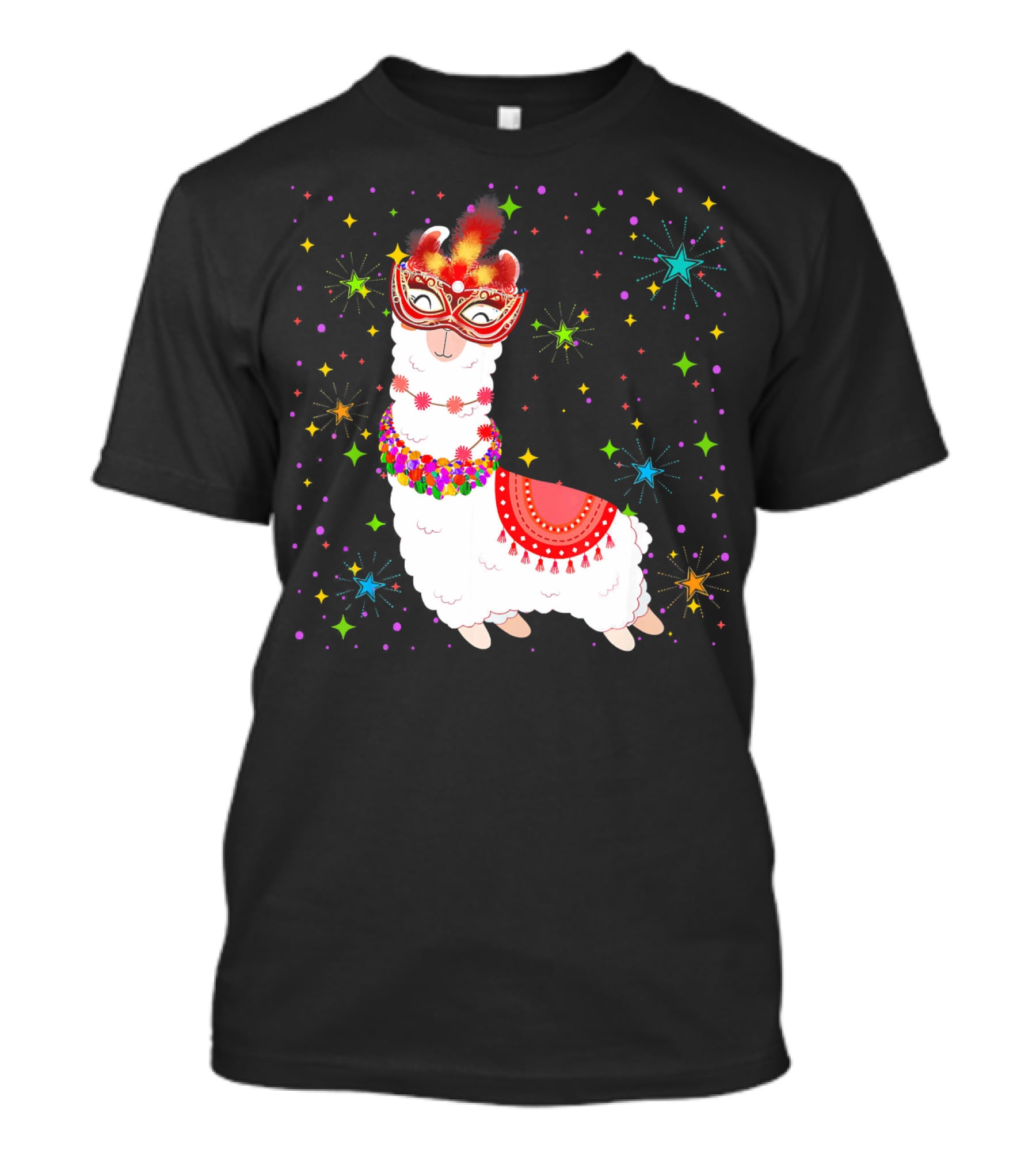 Llama Mardi Gras Mask Beads Colorful Festive Stars T-Shirt