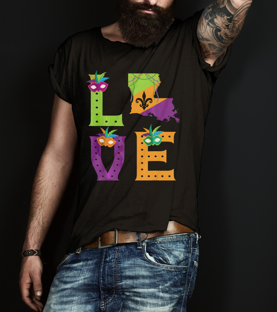 Love Mardi Gras Louisiana Fleur-de-lis Mask Beads T-Shirt
