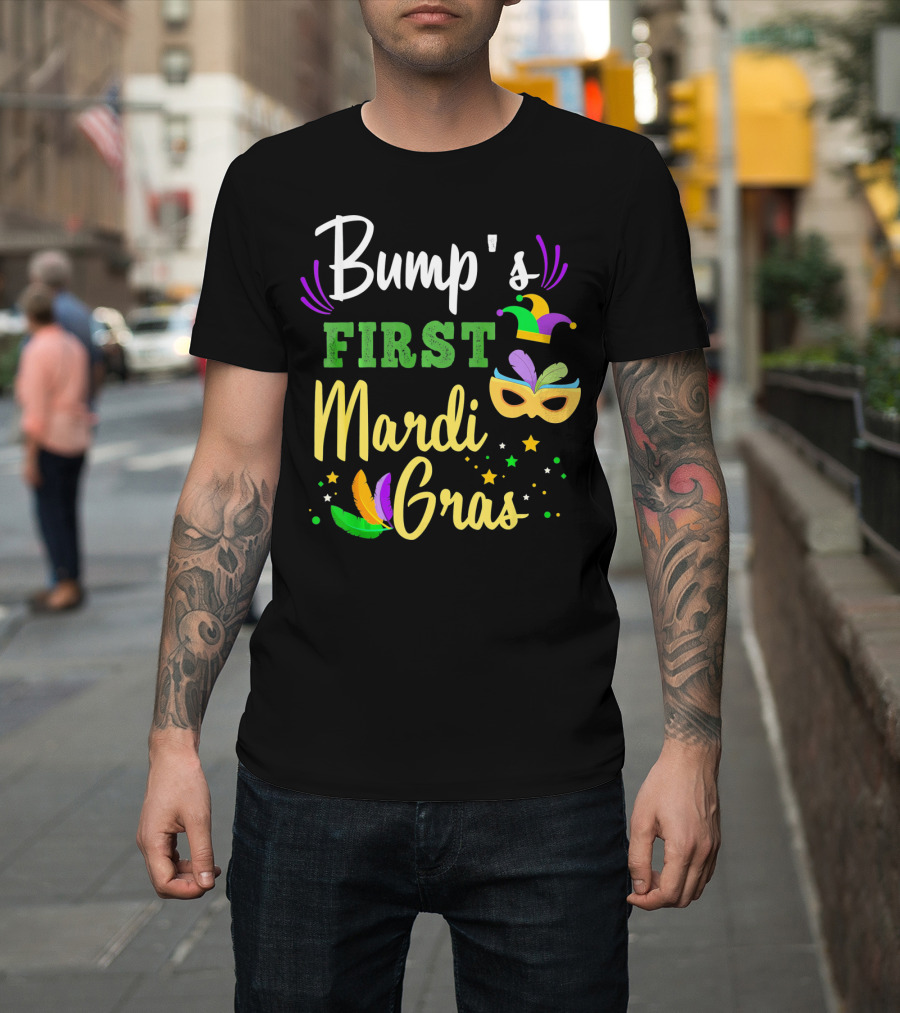 Bump's First Mardi Gras Jester Hat Mask Feathers Stars T-Shirt