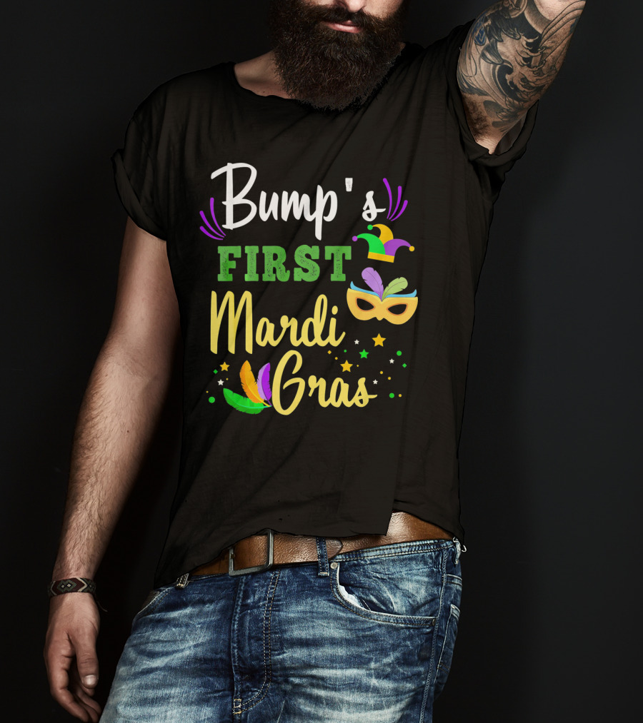 Bump's First Mardi Gras Jester Hat Mask Feathers Stars T-Shirt