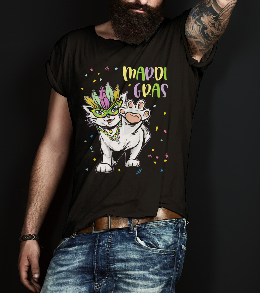Mardi Gras Masked Cat Dancing With Beads And Confetti T-Shirt