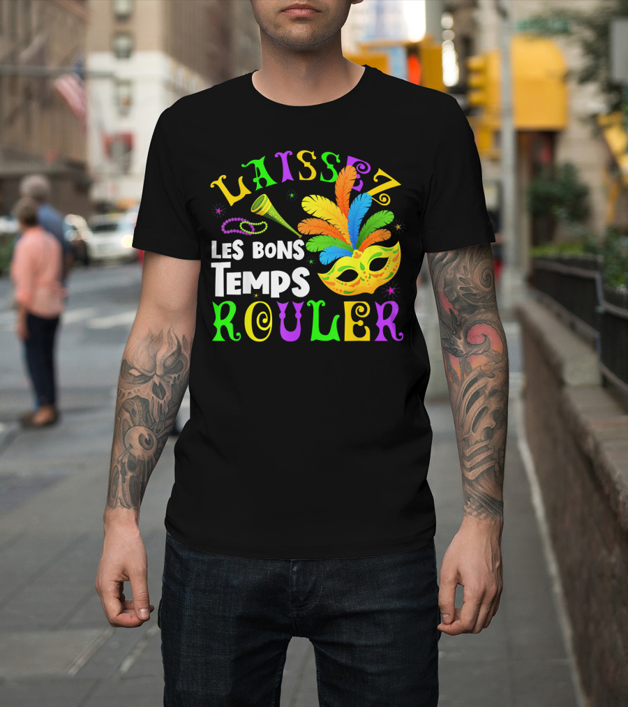 Laissez Les Bons Temps Rouler Mardi Gras Mask Beads Horn T-Shirt