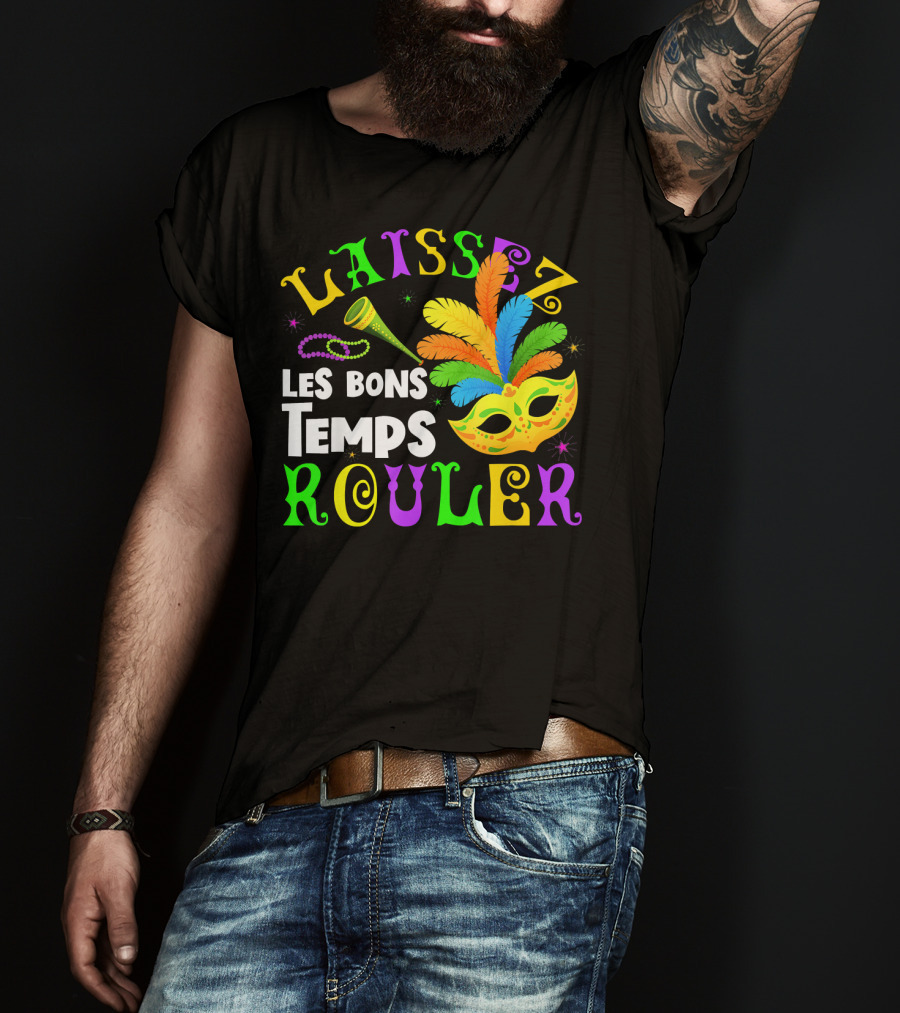 Laissez Les Bons Temps Rouler Mardi Gras Mask Beads Horn T-Shirt