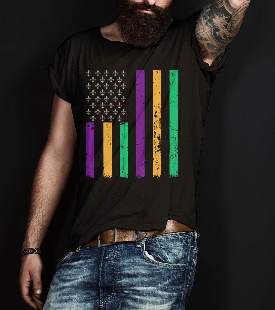 Vintage Fleur-de-Lis Mardi Gras American Flag T-Shirt
