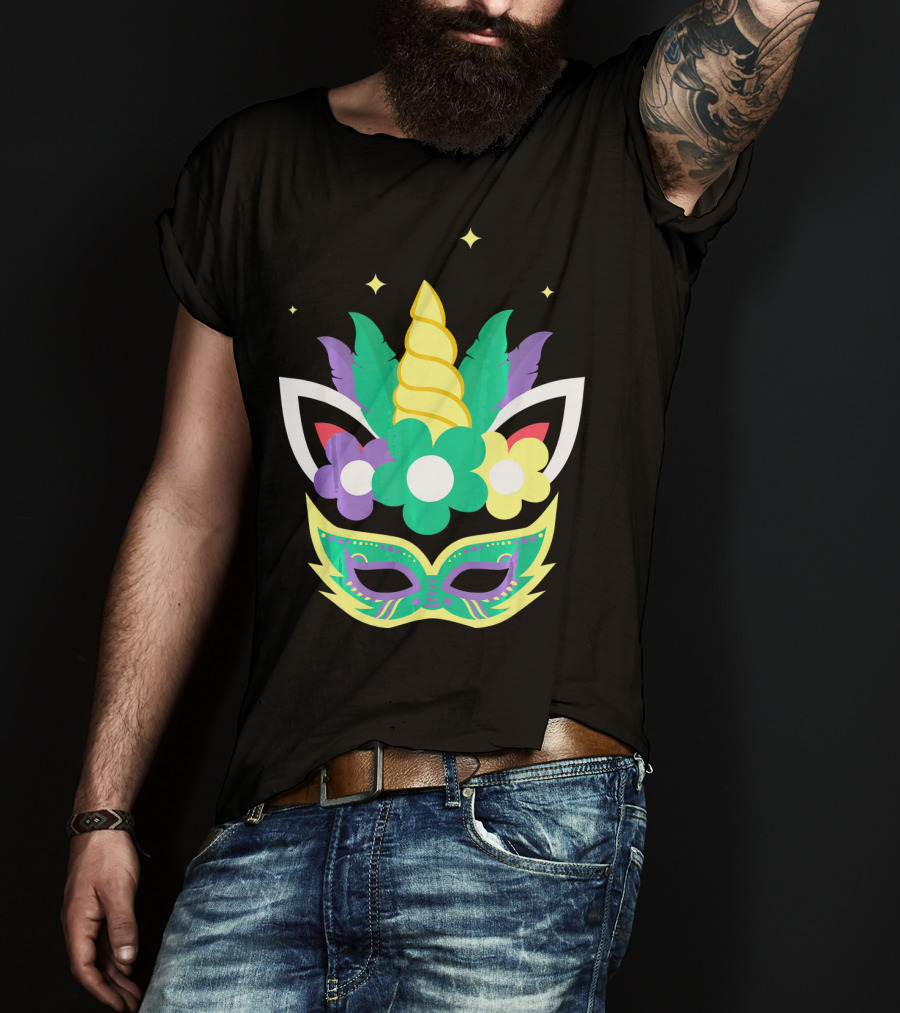 Unicorn Mardi Gras Mask With Flowers And Stars T-Shirt