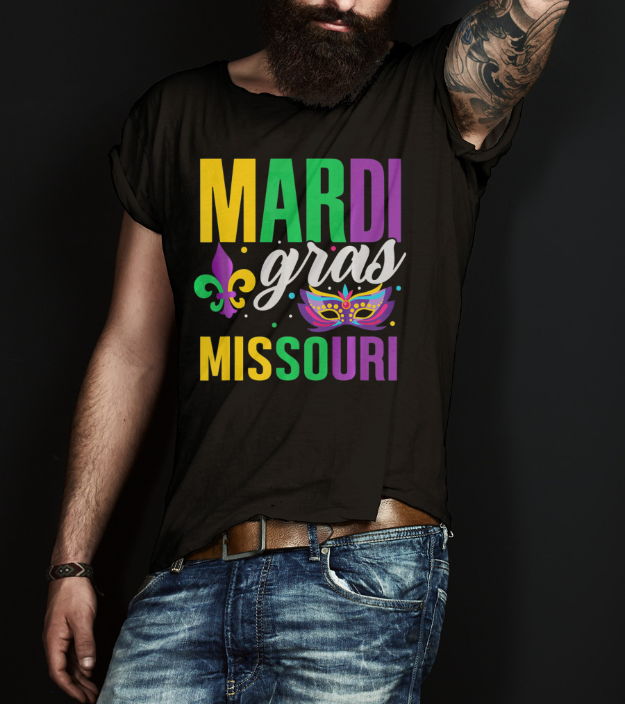 Mardi Gras Missouri Parade Beads Fleur-de-Lis Mask T-Shirt
