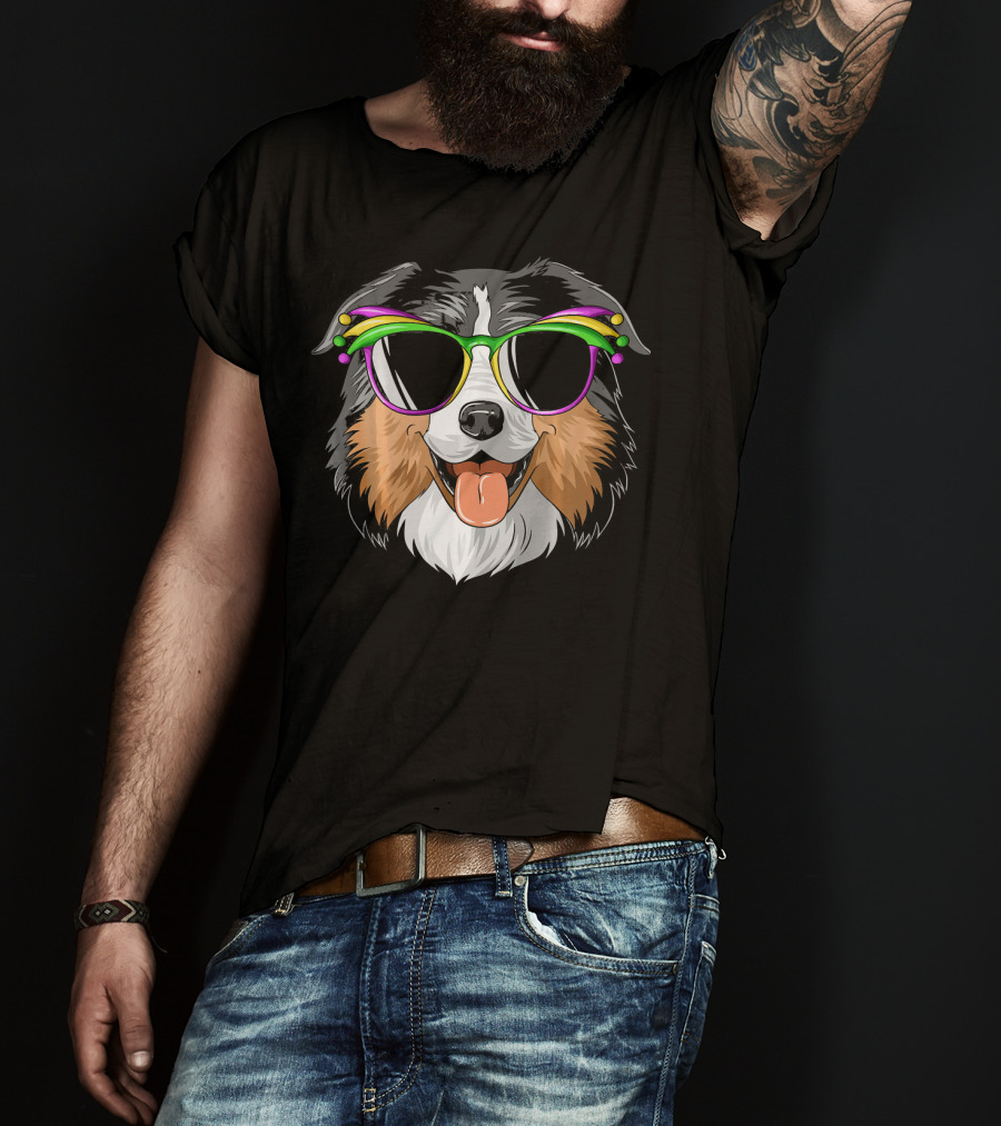 Australian Shepherd Dog Wearing Mardi Gras Festival Sunglasses T-Shirt