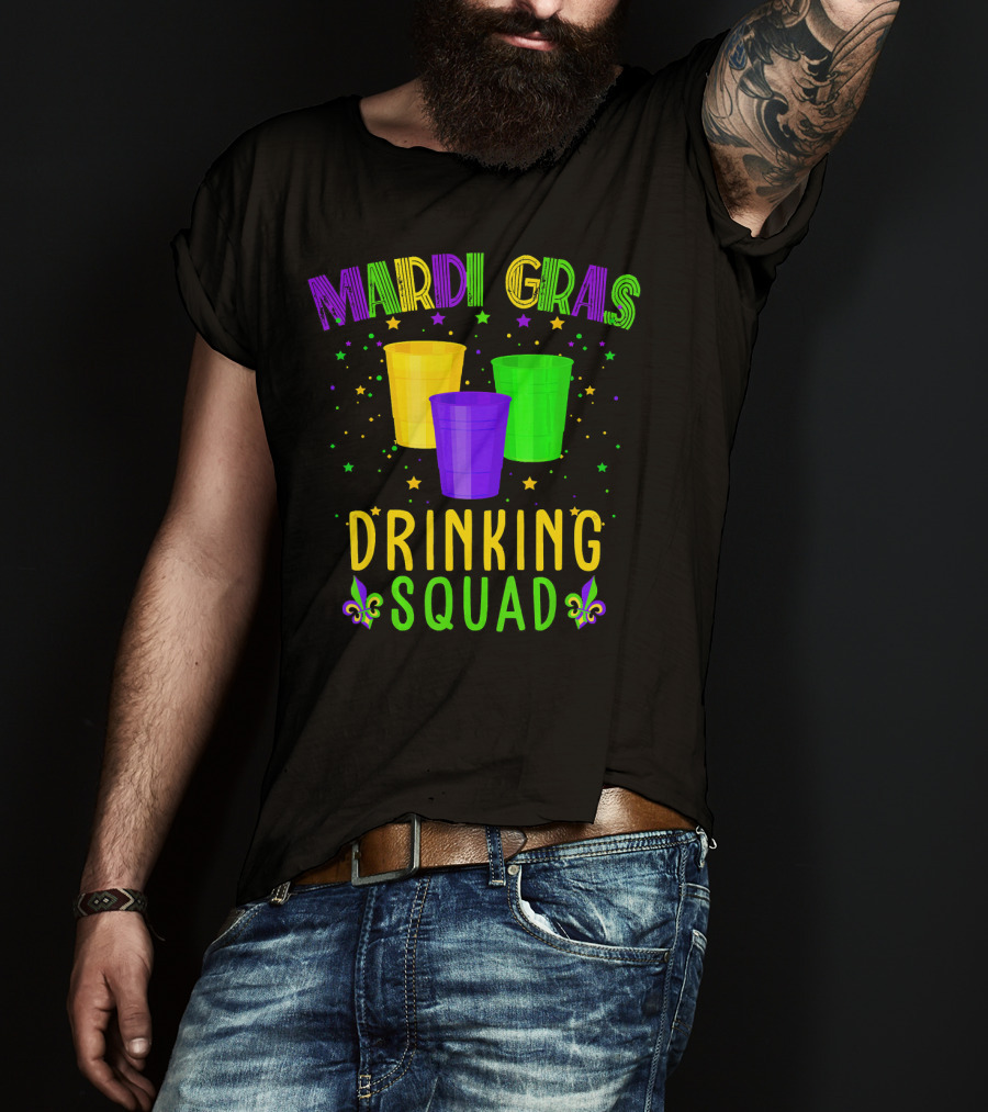Mardi Gras Drinking Squad New Orleans NO Cups Fleur-De-Lis Stars T-Shirt