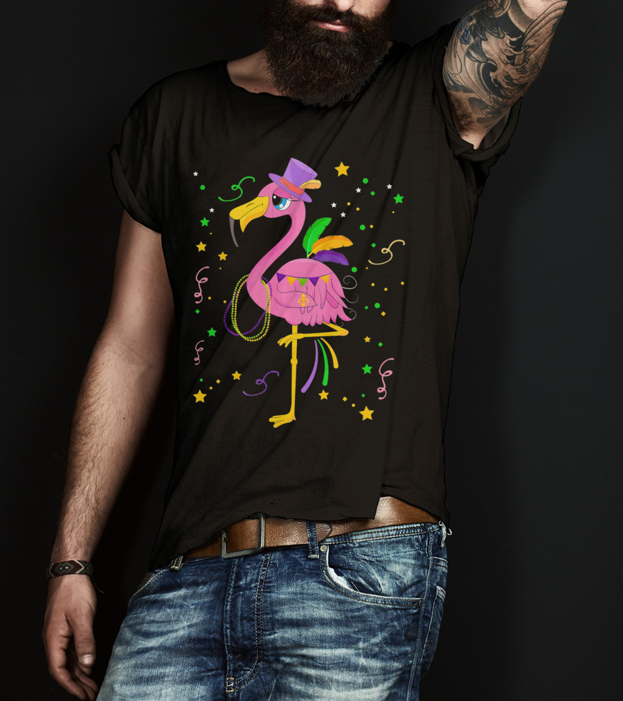 Mardi Gras Flamingo Carnival Festive Celebration With Colorful Beads And Stars T-Shirt